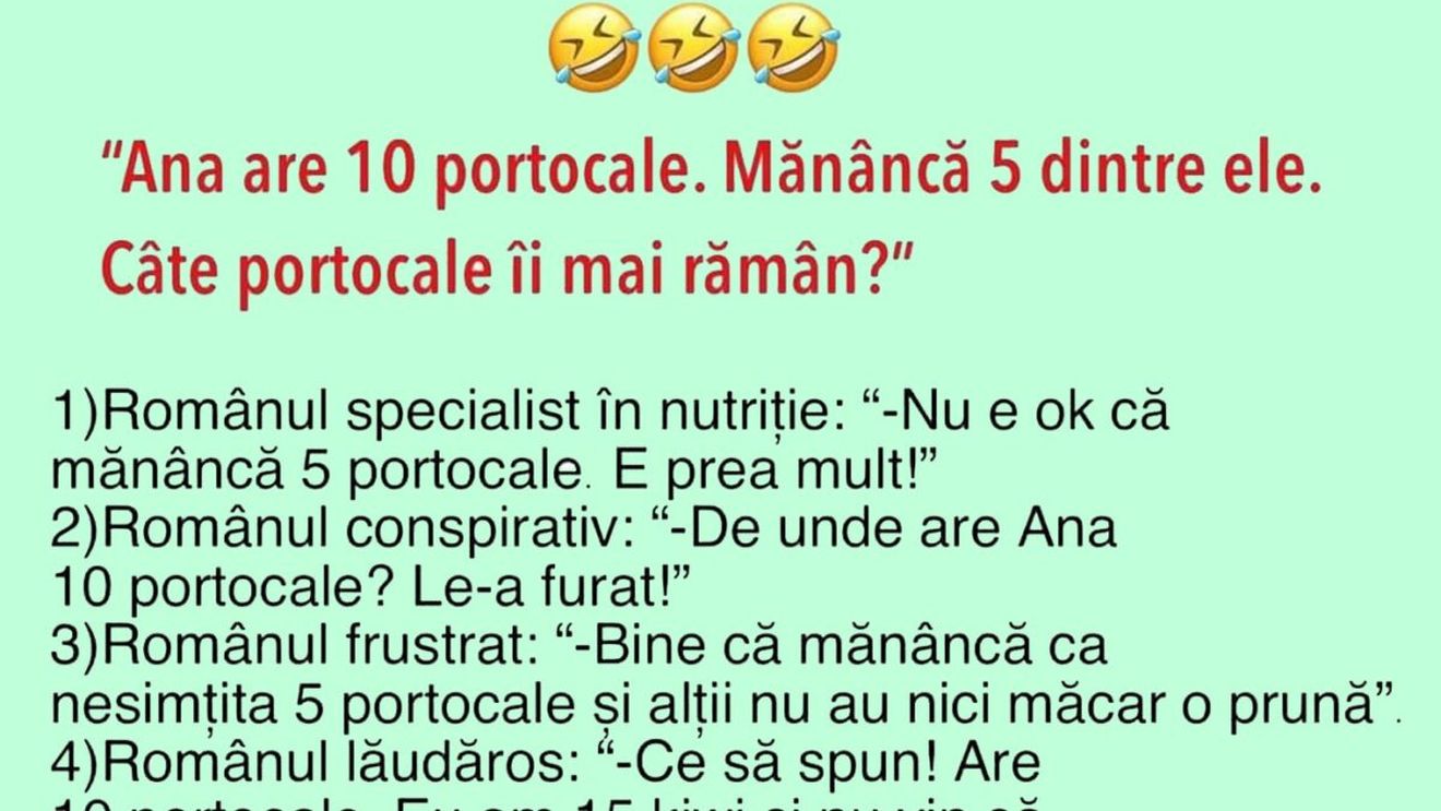 BANC | Problemă de matematică: "Ana are 10 portocale. Mănâncă 5 dintre ele. Câte îi mai rămân?"