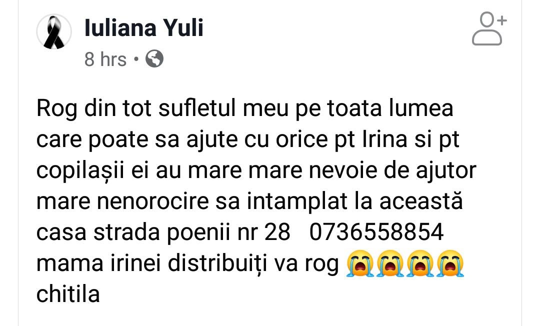 Apel sfâșietor după ce Irina Andrei a fost ucisă! Familia tinerei are nevoie de bani pentru înmormântare: “Și pentru copilașii ei, rog din tot sufletul să…”