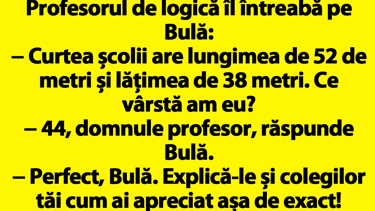 BANC | Profesorul de logică îl întreabă pe Bulă: "Curtea școlii are lungimea de 52 de metri și lățimea de 38 metri. Ce vârstă am eu?"