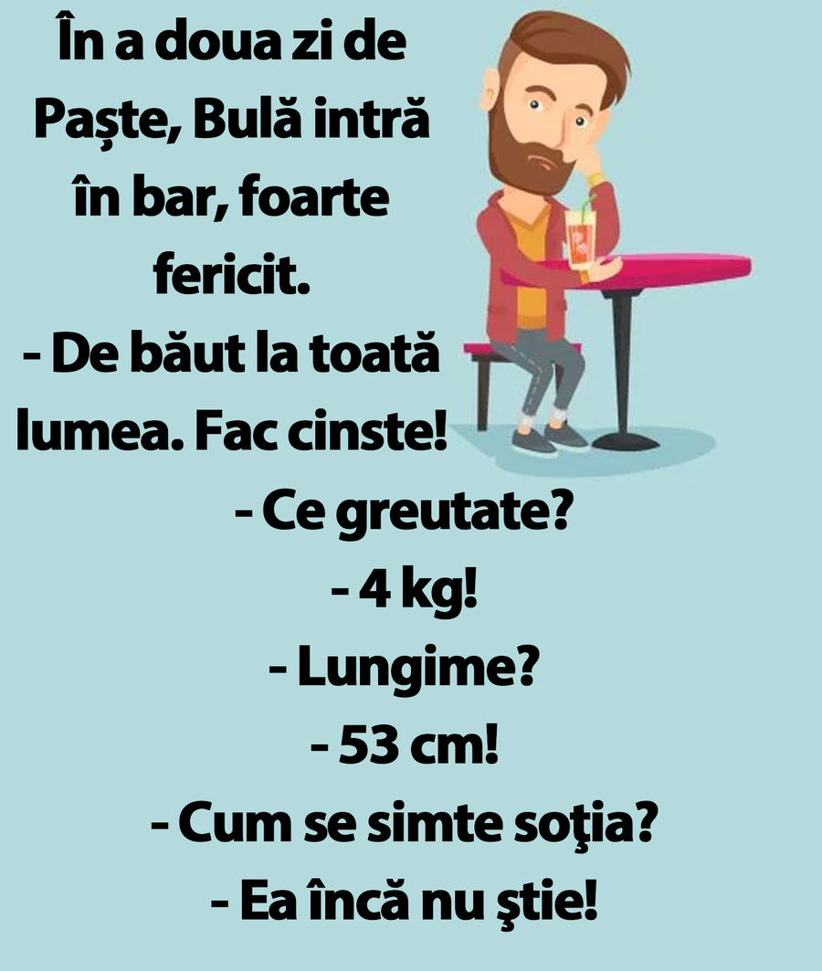 BANCUL ZILEI | În a doua zi de Paște, Bulă intr în bar, foarte fericit 