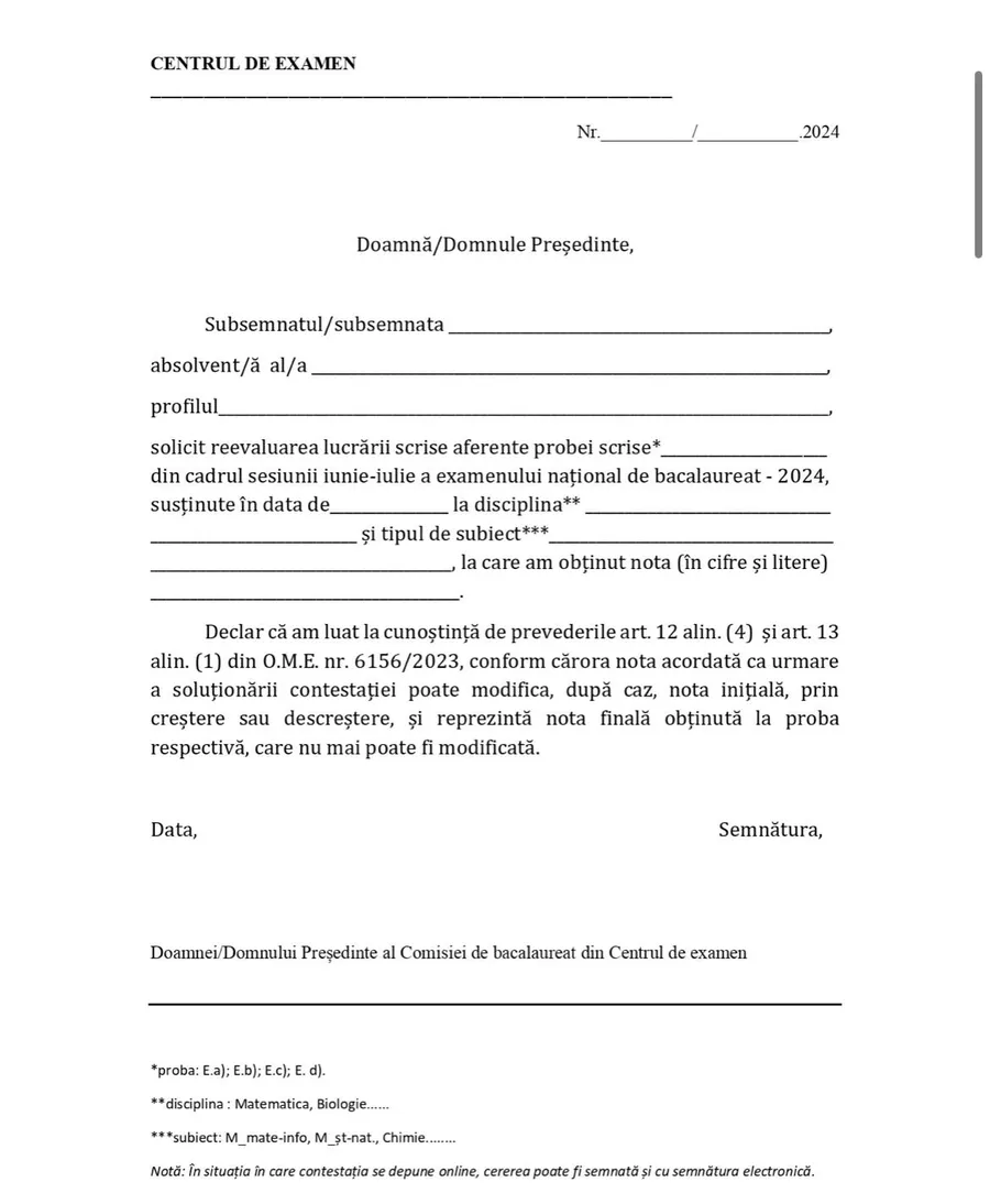 Cerere depunere contestații/foto: edupedu.ro