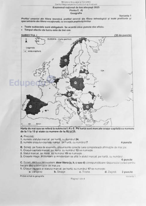 Subiect geografie/ Sursa foto: Edupedu.ro