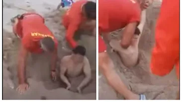 Situație amuzantă pe plaja din Tuzla. Salvamarii au salvat un bărbat îngropat în nisip până la gât. VIDEO