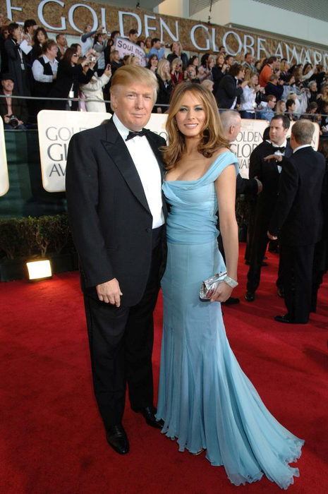 DONALD TRUMP & MELANIA KNAUSS TRUMP .Red Carpet Arrivals - 64th Annual Golden Globe Awards, Beverly Hills HIlton, Beverly Hills, California, USA..January 15th 2007.globes full length black tuxedo blue dress silver clutch purse couple married husband wife.CAP/AW.Please use accompanying story.Supplied by Capital Pictures.© HFPA" and "64th Golden Globe Awards"