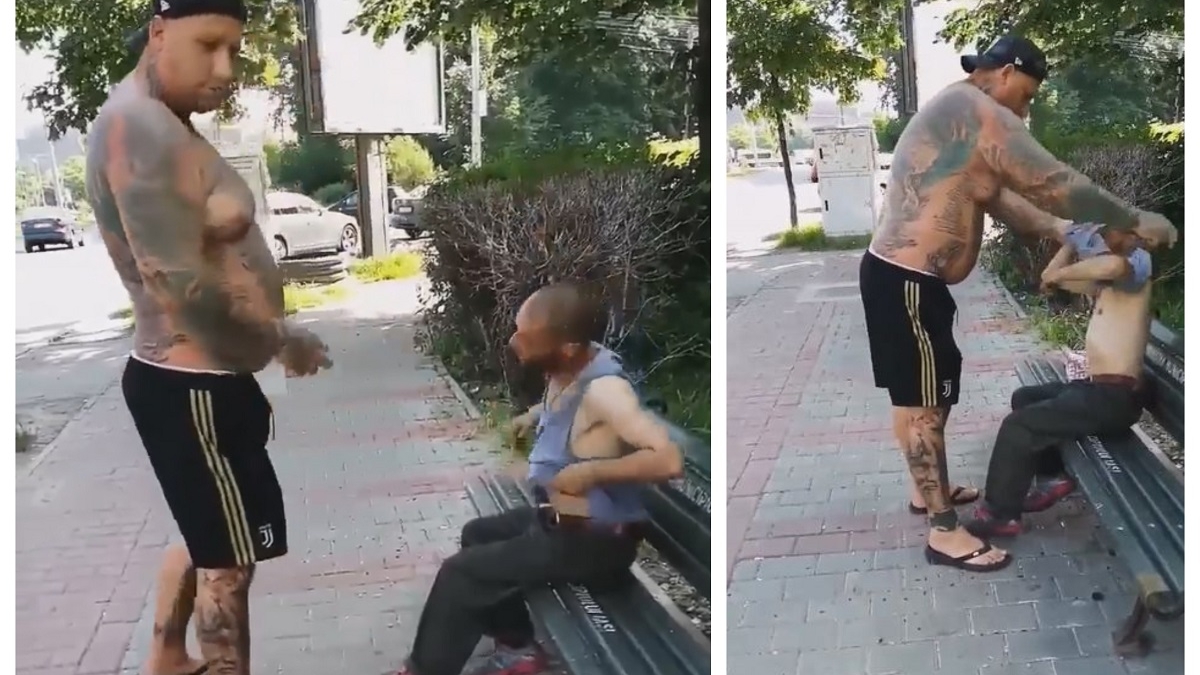 Ce s-a întâmplat cu un cerșetor care stătea pe o bancă, după ce a întâlnit un bărbat tatuat și plin de mușchi. Toți trecătorii au rămas fără cuvinte