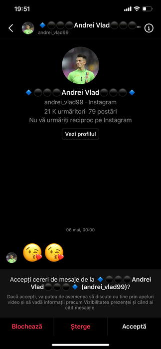 Mesaj primit de Andra Volos de la Andrei Vlad, portarul lui FCSB