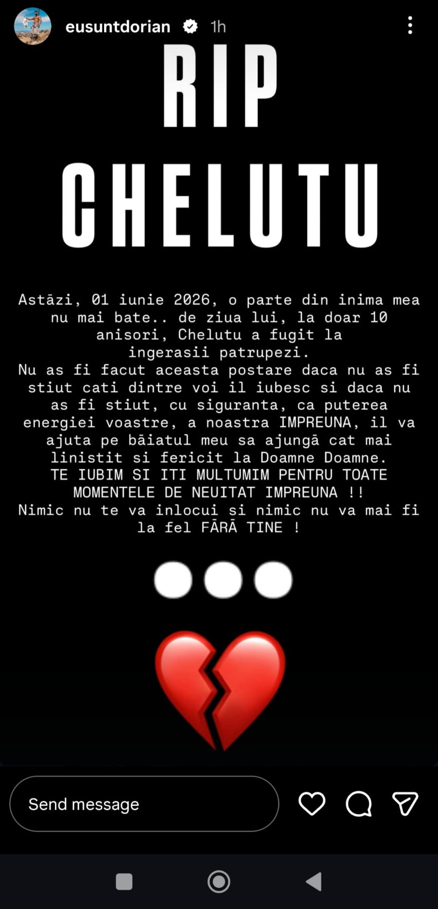 Dorian Popa, trist după moartea lui Cheluțu/ sursa foto: instagram