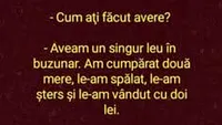 BANC | Cum ați devenit milionar? Aveam un singur leu în buzunar. Am cumpărat două mere, le-am spălat și..