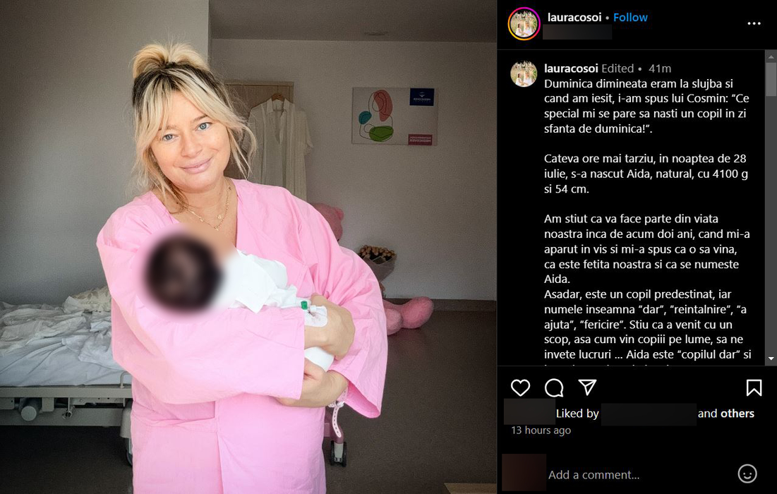 Laura Cosoi a devenit mămică pentru a patra oară, în urmă cu câteva zile / sursă foto: Instagram