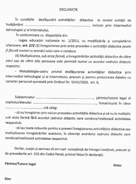 Ministerul Educației a introdus declarația pe propria răspundere pentru școala online