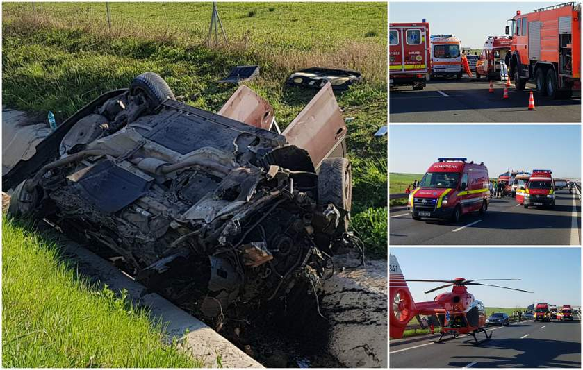 Accident înfiorător pe A1, după ce o mașină s-a răsturnat! Un om a murit pe loc, iar alți patru au fost preluați cu elicopterul SMURD
