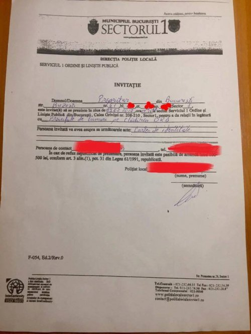 Citaţia primită de tânărul din locuinţa căruia au fost făcute proiecţii laser pe clădirea unei bănci din Piaţa Victoriei, în timpul protestelor din ultima săptămână
