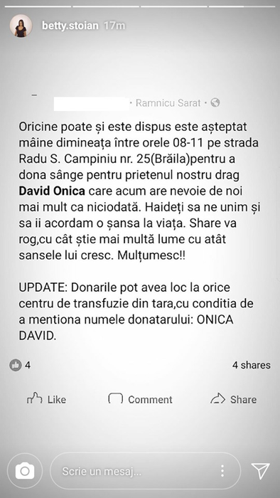 Betty Salam, apel disperat după accident: „Sa doneze sânge pentru prietenul nostru drag, are nevoie de noi mai mult ca niciodată”