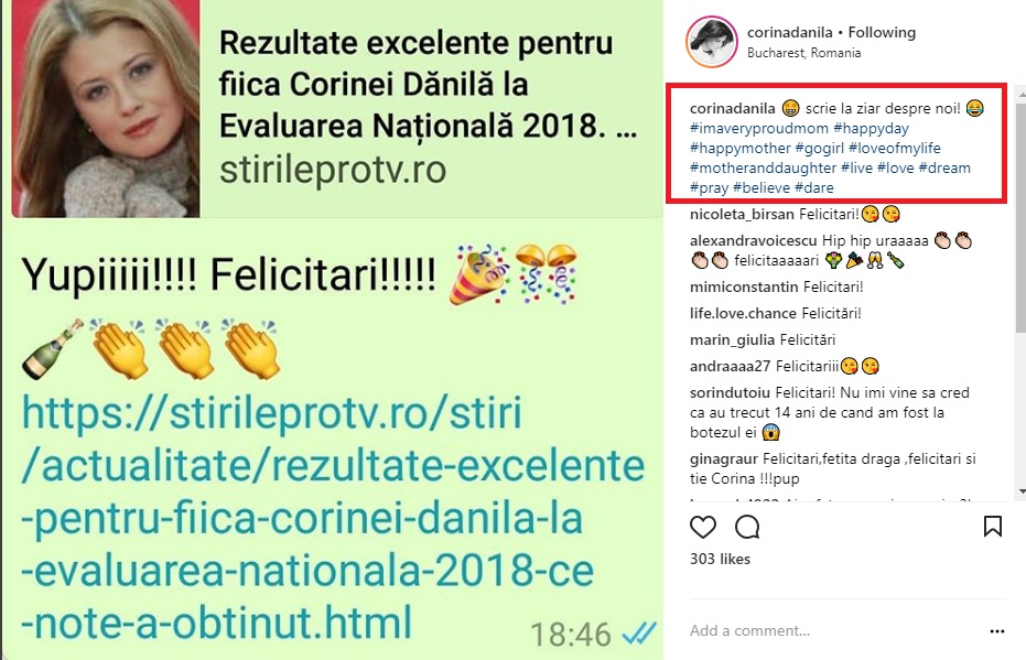 Corina Dănilă, o mamă foarte mândră! Fiica ei a obținut note excelente la Evaluarea Națională 2018