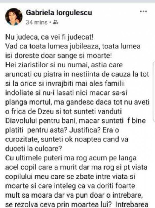 Mesajul halucinant postat de mama lui Mario Iorgulescu. L-a șters după câteva minute: “Înțeleg că doriți să moară”. Continuarea e cutremurătoare