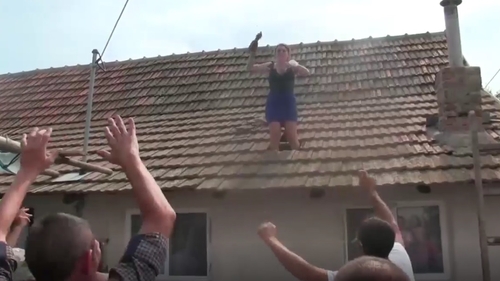 Scene greu de imaginat la o nuntă! S-a urcat pe casă şi a început să arunce cu ţigle în nuntaşii care o plăteau