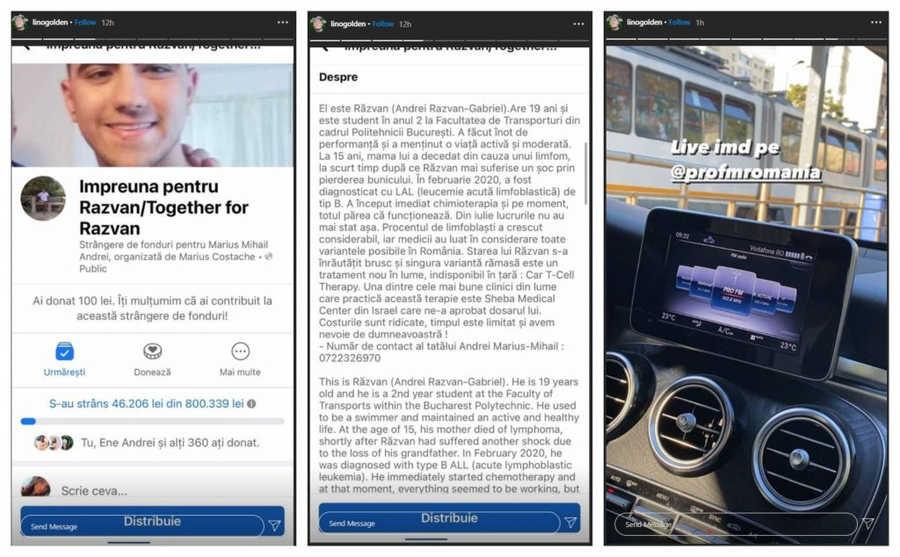 De pe patul de spital, Lino Golden a făcut un apel pentru salvarea lui Răzvan, un student de 19 ani care a fost diagnosticat cu leucemie acută limfoblastică © Instagram Stories