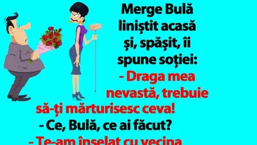 BANC | Merge Bulă liniștit acasă și, spășit, îi spune soției: Te-am înșelat cu vecina noastră, Alinuța