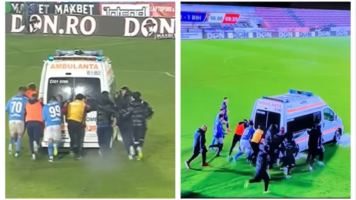 Momente penibile, pe un teren de fotbal din România. Ambulanța, obligată să intervină de urgență, împinsă pe gazon