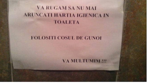 BANCUL ZILEI | "Vă rugăm să nu mai aruncați hârtia igienică în toaletă. Folosiți coșul de gunoi!"