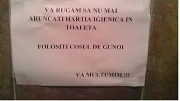 BANCUL ZILEI | Vă rugăm să nu mai aruncați hârtia igienică în toaletă. Folosiți coșul de gunoi!