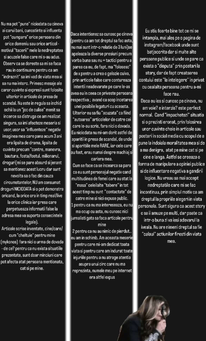 Mesajul postat de Ema Uta pe Insta Story. Foto: Instagram