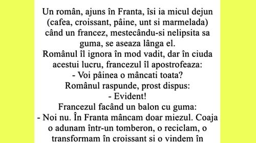BANC | Ajuns în Franța, un român își ia micul dejun: cafea, croissant, pâine, unt și marmeladă