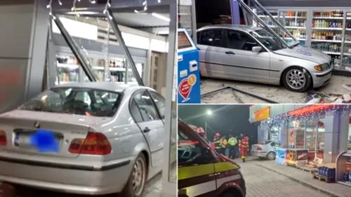 Angajații unui PECO din Vâlcea au trăit spaima vieții! Un șofer a intrat cu BMW-ul direct în benzinărie: „Erau beți, râdeau”