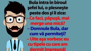 BANC | Bulă intră în biroul şefei lui, o plesneşte peste dos şi îi zice: "Ce faci, păpuşă, mai merge una mică?"