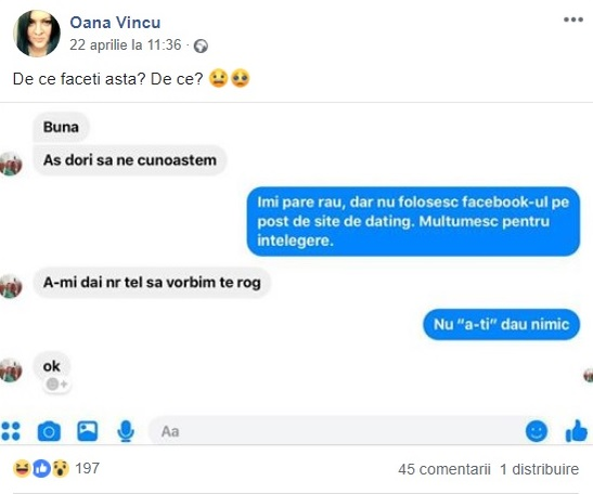 “A-mi dai nr tel să vorbim”. Cum a încercat un fan să o “agațe” pe Oana de la Genius pe Facebook