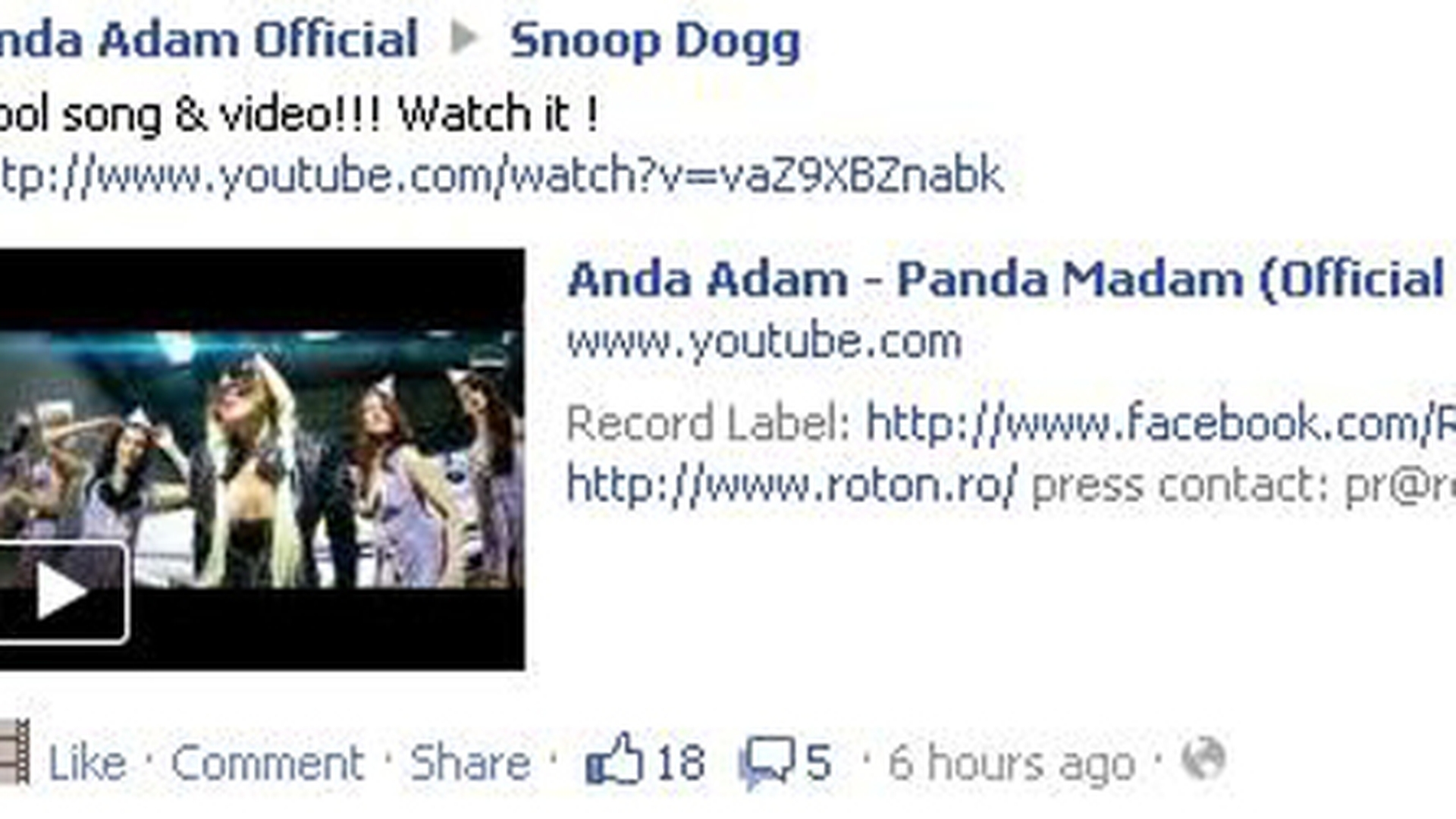 Anda Adam isi face reclama pe site-ul lui Snoop Dog! Vezi cum se promoveaza artista!