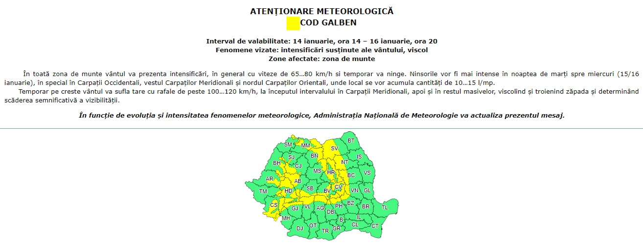 Prognoza meteo 15 ianuarie: cod portocaliu de vreme severă! Două judeţe se află sub avertizate de  viscol