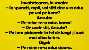 BANC | Învățătoarea, la școală: Ia spuneți, copii, voi știți cine v-a adus pe voi pe lume?