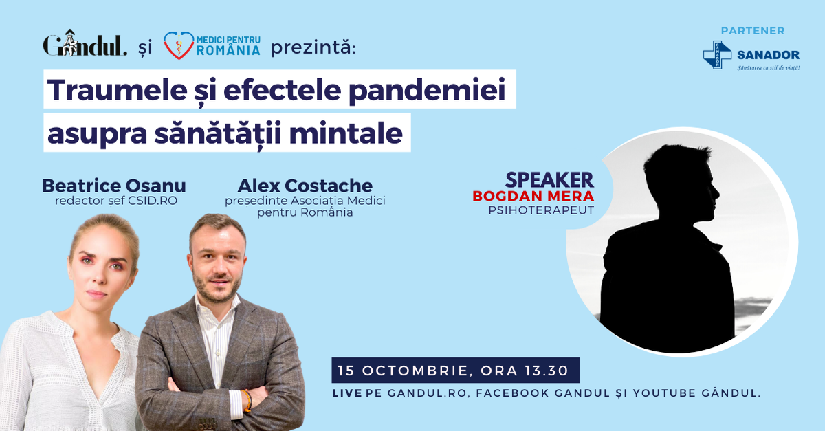 Află care sunt efectele statului în casă asupra psihicului și cum controlăm anxietatea pe timp de pandemie! Astăzi de la 13.30 în webinarul LIVE – Traumele și efectele pandemiei asupra sănătății mintale!