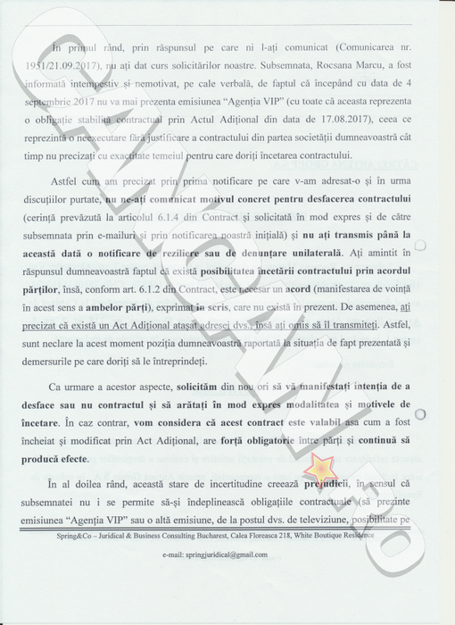 O parte dintre notificările înaintate de avocatul Rocsanei Marcu în vederea dezvăluirii motivelor care au dus scoaterea ei de la cârma emisiunii ”Agenţia VIP”