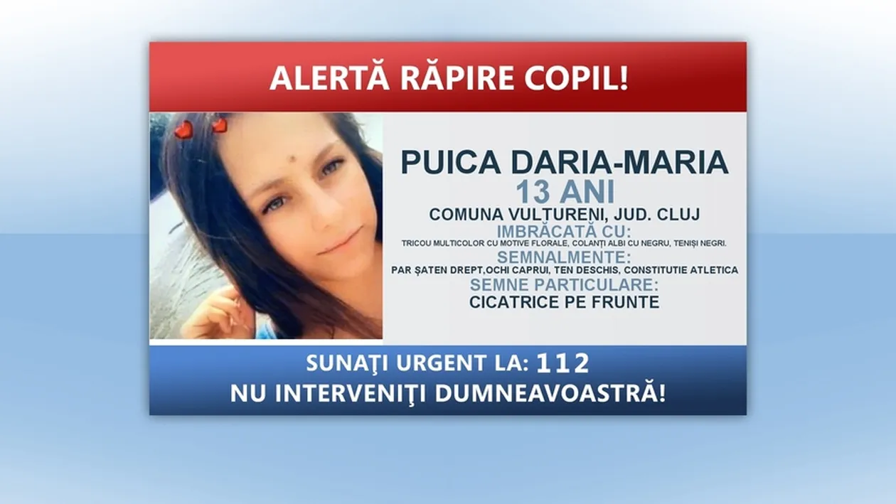 Poliţiştii caută o fată de 13 ani din judeţul Cluj, care ar fi fost răpită de un tânăr de 27 de ani