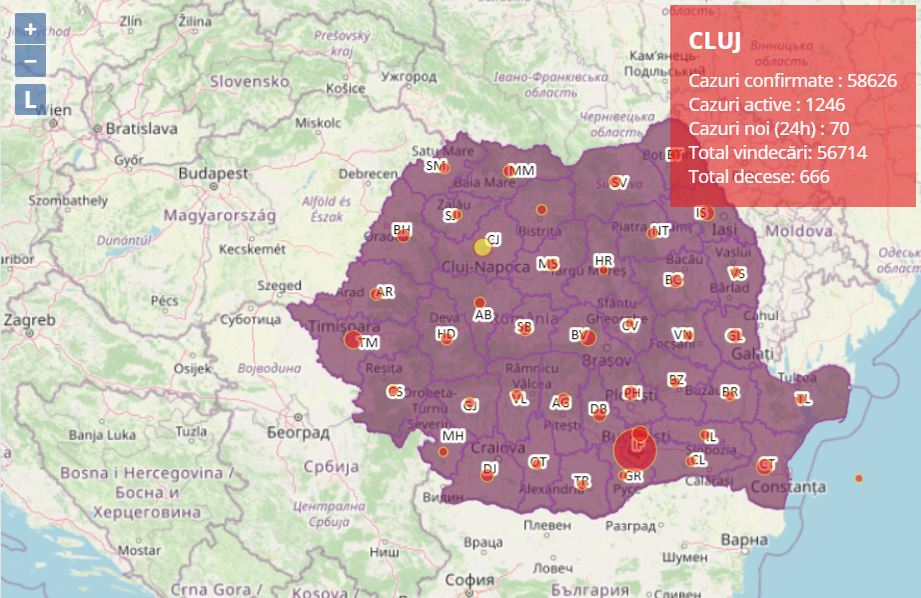 Covid-19 în județul Cluj, România la data de 1 septembrie 2021. Sursă: captură https://covid19.geo-spatial.org/