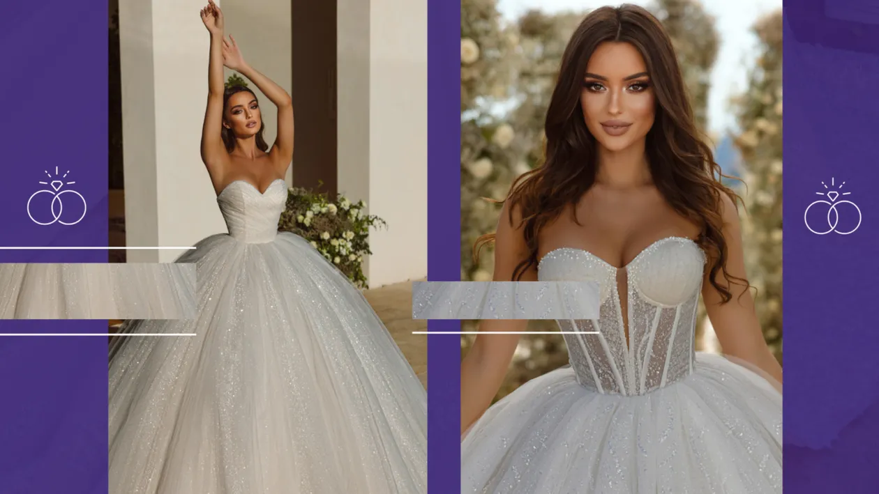 Unei rochii de mireasă cu sclipici trebuie să îi dozezi strălucirea, să nu rănească privirea