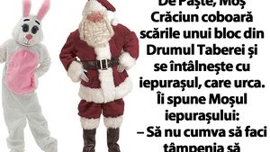 BANC | De Paște, Moș Crăciun coboară scările unui bloc din Drumul Taberei și se întâlnește cu iepurașul, care urca
