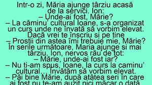 BANC | Într-o zi, Măria ajunge târziu acasă și Ion o ia la rost. "Ioane, am fost la căminul cultural, am avut un curs de.."