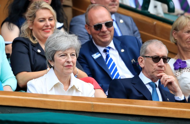 Prime Minister Theresa May, with her husband Philip on day twelve of the Wimbledon Championships at the All England Lawn Tennis and Croquet Club, Wimbledon., Image: 458166985, License: Rights-managed, Restrictions: Editorial use only. No commercial use without prior written consent of the AELTC. Still image use only - no moving images to emulate broadcast. No superimposing or removal of sponsor/ad logos, Model Release: no, Credit line: Profimedia, Press Association