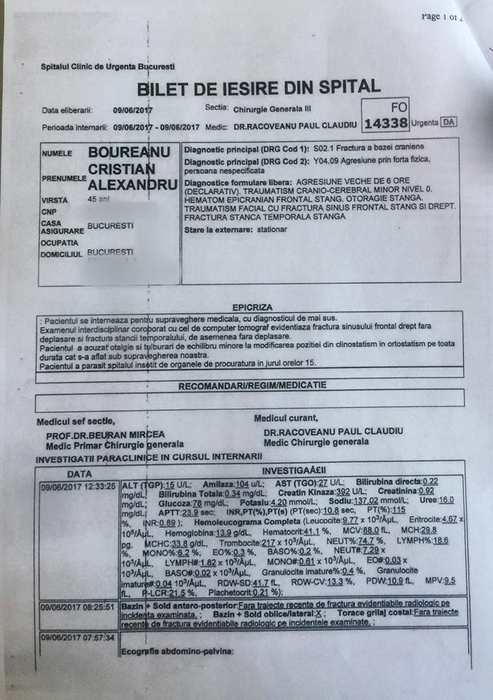 Actele medicale ale lui Cristian Boureanu