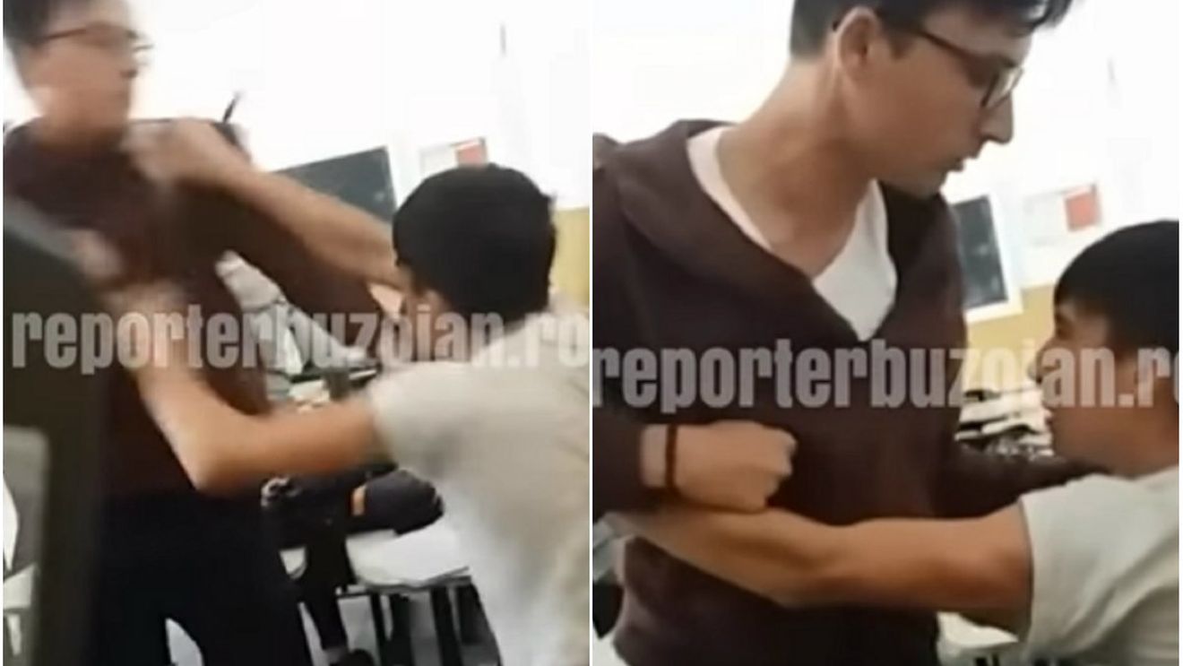 VIDEO / Scene şocante! Doi elevi de liceu s-au bătut ca-n ringul de box într-o clasă! Incredibil ce făceau unii dintre colegi în timpul luptei