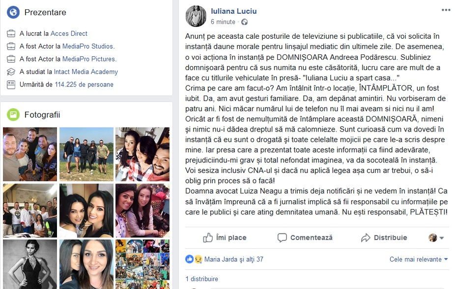 Iuliana Luciu, decizie tranșantă după ce a fost acuzată că “îi sparge casa” Andreei Podărescu: “O voi acționa în instanță pe domnișoară”