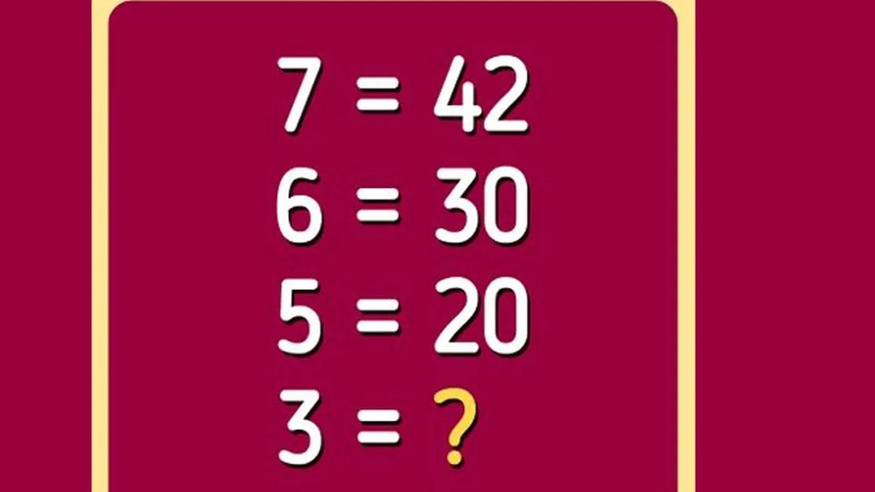 Test IQ exclusiv pentru genii | Dacă 7=42, 6=30 și 5=20, cât este 3?