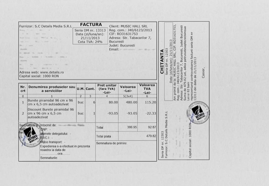 Factura care atesta faptul că patronii nu au luat decizii privind antifonarea de capul lor