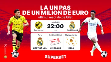 (P) Real Madrid - Dortmund îi poate aduce un milion de euro unui parior Superbet! Vezi biletul fabulos, de cotă 421064.85