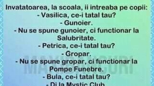 BANC | Învățătoarea, la școală, îi întreabă pe copii: "Vasilică, ce-i tatăl tău?"