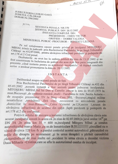 Decizia instanței, după accidentul în care iubita lui Mihai Mitoșeru, care conducea Matizul, a murit