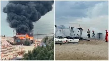 Incendiu pe plaja Zoom din Constanța! O magazie plină de echipamente și două ambarcațiuni s-au făcut scrum